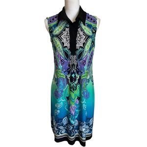 Carole Little Dress Size 8 Blue Paisley Floral Stretch Knit Sleeveless Polo